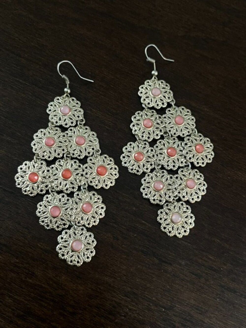 Chandelier Earrings Floral Gold Tone Coral Peach Beads